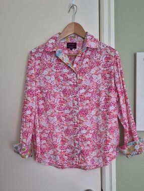 EUC Liberty Fabric Floral Blouse With Contasting Cuffs & Collar, M